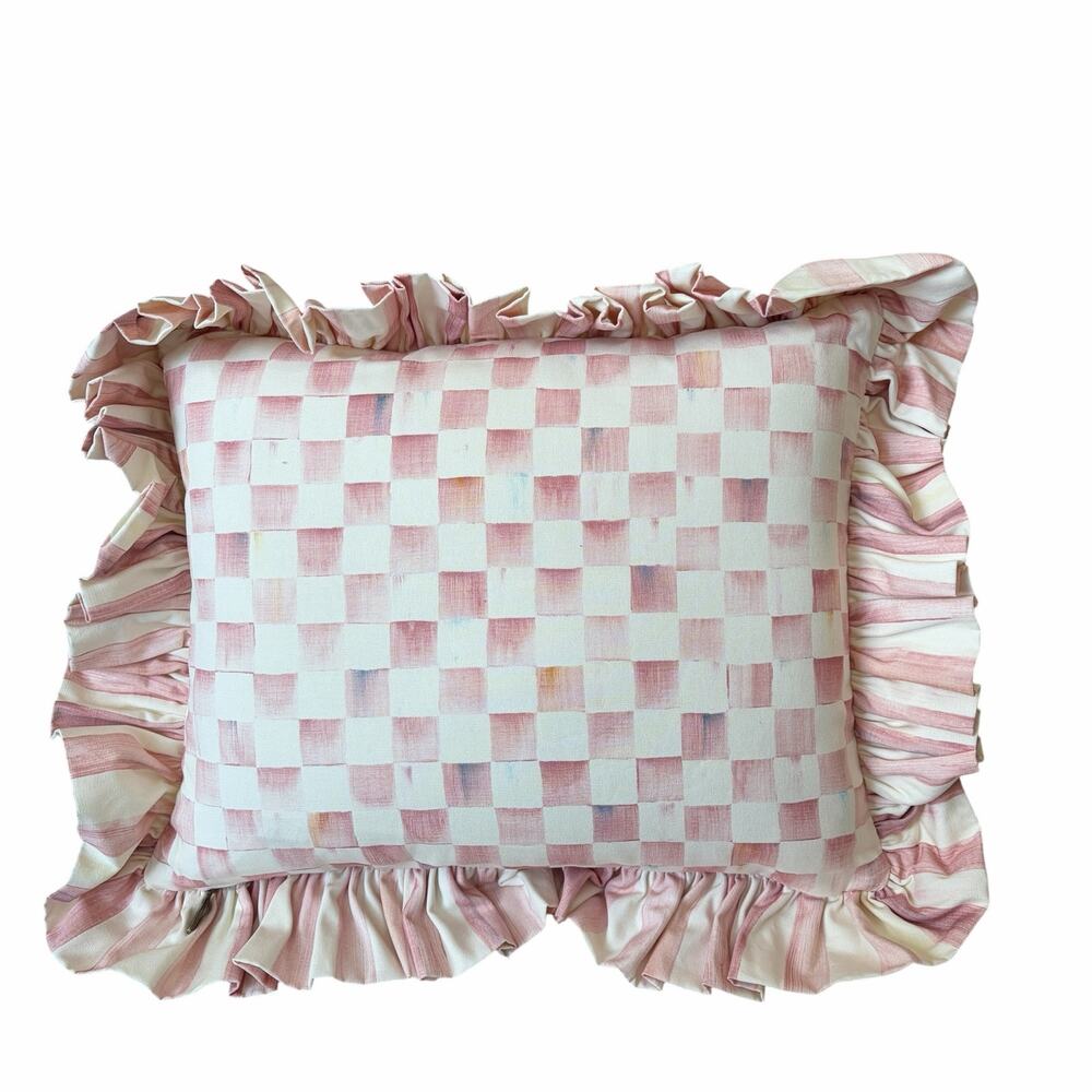 NEW MacKenzie-Childs Rosy Check Ruffle Lumbar Throw Pillow 14x18x6 - Picture 3 of 9
